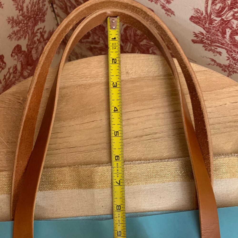Turquoise Leather Tote with Brown Leather Handles by KMM & Co - Picture 8 of 14